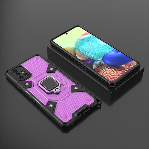 Silicone Matte Finish and Plastic Back Cover Case with Magnetic Finger Ring Stand KC5 for Samsung Galaxy A71 4G A715 Purple