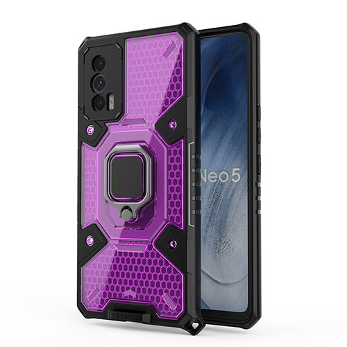 Silicone Matte Finish and Plastic Back Cover Case with Magnetic Finger Ring Stand KC5 for Vivo iQOO Neo5 5G Purple