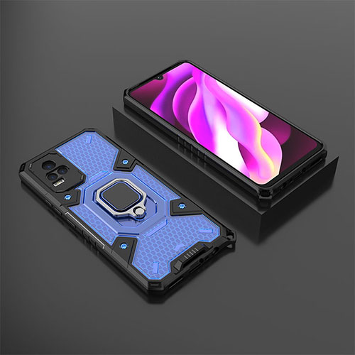 Silicone Matte Finish and Plastic Back Cover Case with Magnetic Finger Ring Stand KC5 for Vivo V21e 4G Blue