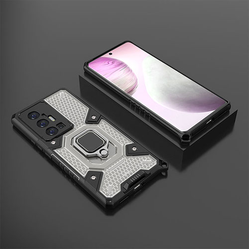 Silicone Matte Finish and Plastic Back Cover Case with Magnetic Finger Ring Stand KC5 for Vivo X70 Pro+ Plus 5G Black