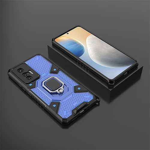 Silicone Matte Finish and Plastic Back Cover Case with Magnetic Finger Ring Stand KC5 for Vivo X70t Blue