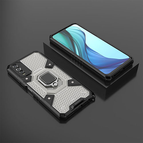 Silicone Matte Finish and Plastic Back Cover Case with Magnetic Finger Ring Stand KC5 for Vivo Y12s (2021) Black