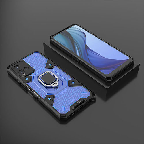 Silicone Matte Finish and Plastic Back Cover Case with Magnetic Finger Ring Stand KC5 for Vivo Y21G Blue