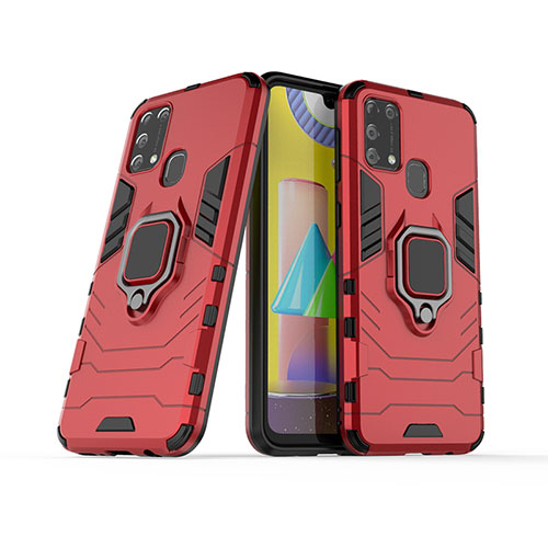 Silicone Matte Finish and Plastic Back Cover Case with Magnetic Finger Ring Stand KC6 for Samsung Galaxy M31 Red