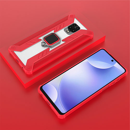 Silicone Matte Finish and Plastic Back Cover Case with Magnetic Finger Ring Stand KC6 for Xiaomi Poco M2 Pro Red