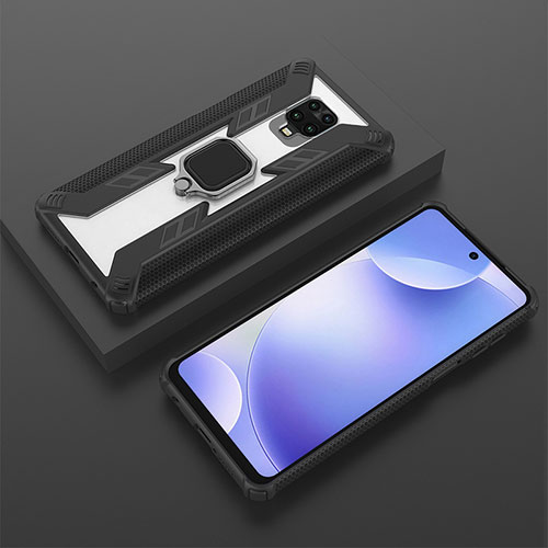 Silicone Matte Finish and Plastic Back Cover Case with Magnetic Finger Ring Stand KC6 for Xiaomi Redmi Note 9S Black