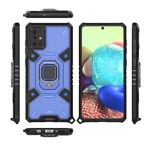 Silicone Matte Finish and Plastic Back Cover Case with Magnetic Finger Ring Stand KC7 for Samsung Galaxy A71 4G A715 Blue