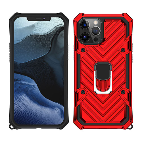 Silicone Matte Finish and Plastic Back Cover Case with Magnetic Finger Ring Stand M01 for Apple iPhone 12 Pro Red