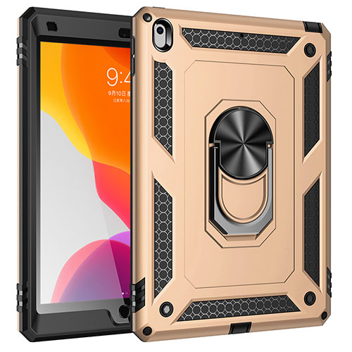 Silicone Matte Finish and Plastic Back Cover Case with Magnetic Finger Ring Stand MQ1 for Apple iPad 10.2 (2019) Gold