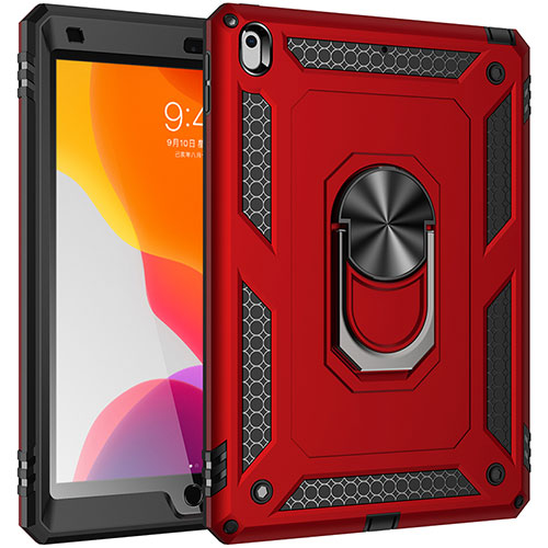 Silicone Matte Finish and Plastic Back Cover Case with Magnetic Finger Ring Stand MQ1 for Apple iPad 10.2 (2019) Red