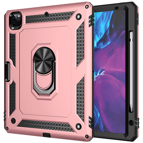 Silicone Matte Finish and Plastic Back Cover Case with Magnetic Finger Ring Stand MQ1 for Apple iPad Pro 12.9 (2021) Rose Gold
