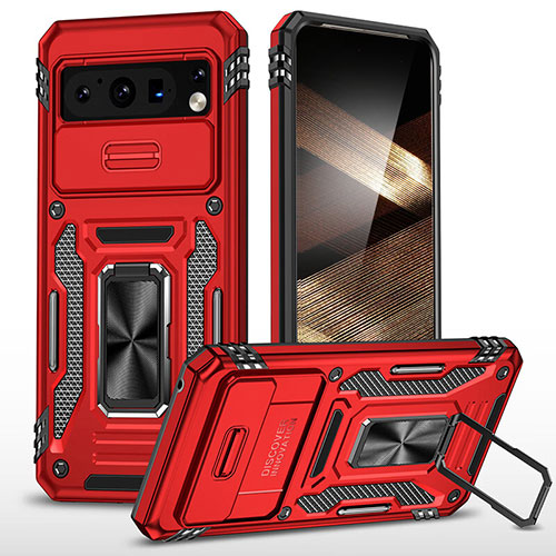 Silicone Matte Finish and Plastic Back Cover Case with Magnetic Finger Ring Stand MQ1 for Google Pixel 8 Pro 5G Red