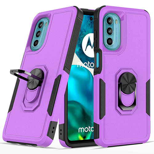 Silicone Matte Finish and Plastic Back Cover Case with Magnetic Finger Ring Stand MQ1 for Motorola Moto G82 5G Purple