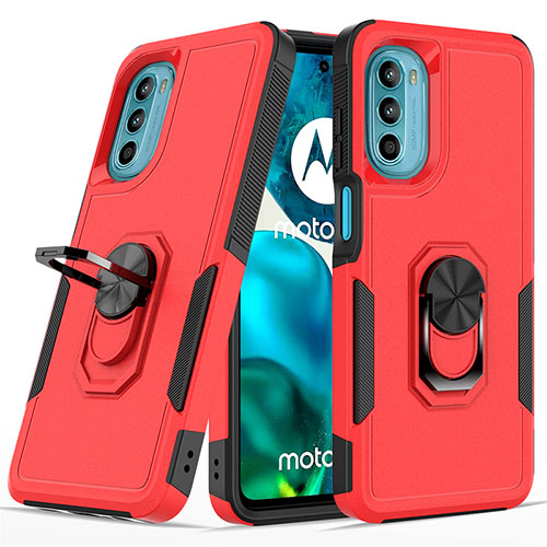 Silicone Matte Finish and Plastic Back Cover Case with Magnetic Finger Ring Stand MQ1 for Motorola Moto G82 5G Red