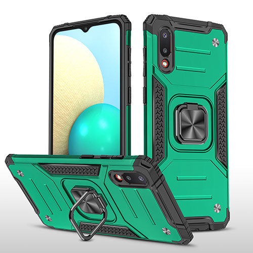 Silicone Matte Finish and Plastic Back Cover Case with Magnetic Finger Ring Stand MQ1 for Samsung Galaxy A02 Midnight Green