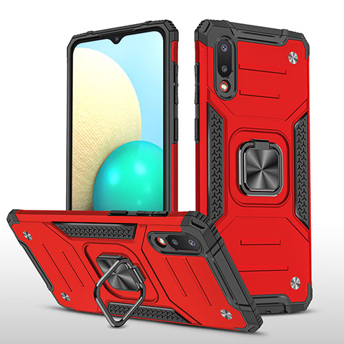 Silicone Matte Finish and Plastic Back Cover Case with Magnetic Finger Ring Stand MQ1 for Samsung Galaxy A02 Red