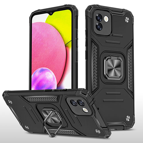 Silicone Matte Finish and Plastic Back Cover Case with Magnetic Finger Ring Stand MQ1 for Samsung Galaxy A03 Black