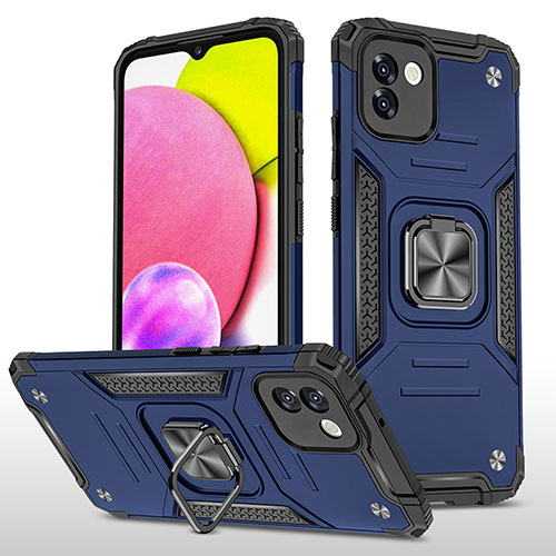 Silicone Matte Finish and Plastic Back Cover Case with Magnetic Finger Ring Stand MQ1 for Samsung Galaxy A03 Blue