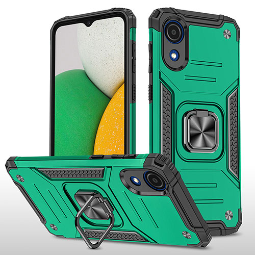 Silicone Matte Finish and Plastic Back Cover Case with Magnetic Finger Ring Stand MQ1 for Samsung Galaxy A03 Core Midnight Green