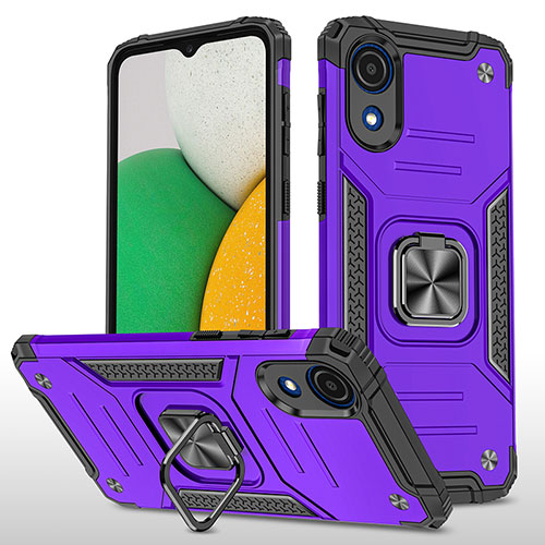 Silicone Matte Finish and Plastic Back Cover Case with Magnetic Finger Ring Stand MQ1 for Samsung Galaxy A03 Core Purple