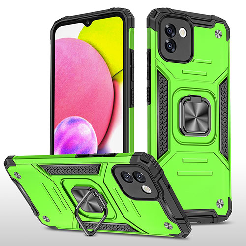 Silicone Matte Finish and Plastic Back Cover Case with Magnetic Finger Ring Stand MQ1 for Samsung Galaxy A03 Green