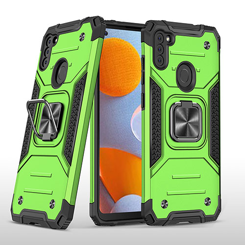 Silicone Matte Finish and Plastic Back Cover Case with Magnetic Finger Ring Stand MQ1 for Samsung Galaxy A11 Green