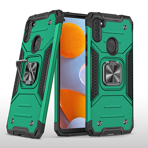 Silicone Matte Finish and Plastic Back Cover Case with Magnetic Finger Ring Stand MQ1 for Samsung Galaxy A11 Midnight Green