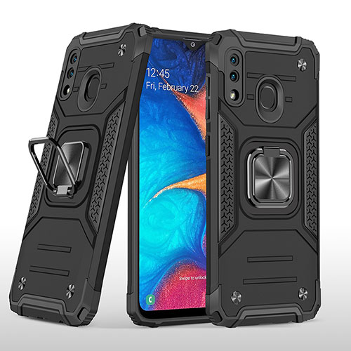 Silicone Matte Finish and Plastic Back Cover Case with Magnetic Finger Ring Stand MQ1 for Samsung Galaxy A20 Black