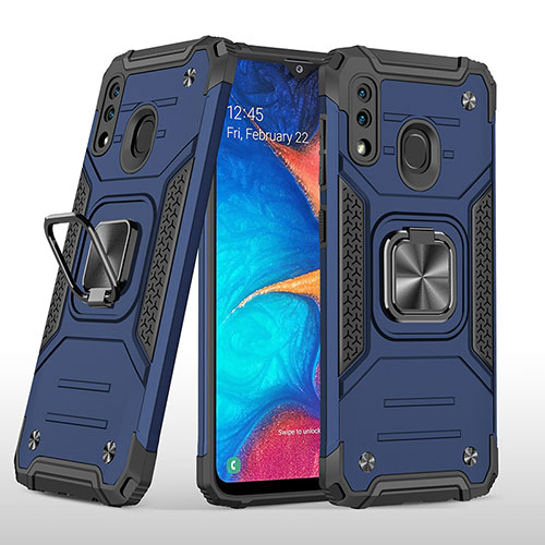 Silicone Matte Finish and Plastic Back Cover Case with Magnetic Finger Ring Stand MQ1 for Samsung Galaxy A20 Blue