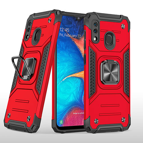 Silicone Matte Finish and Plastic Back Cover Case with Magnetic Finger Ring Stand MQ1 for Samsung Galaxy A20 Red