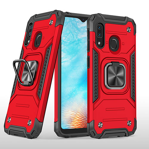 Silicone Matte Finish and Plastic Back Cover Case with Magnetic Finger Ring Stand MQ1 for Samsung Galaxy A20e Red