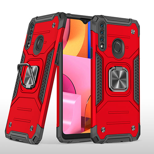 Silicone Matte Finish and Plastic Back Cover Case with Magnetic Finger Ring Stand MQ1 for Samsung Galaxy A20s Red