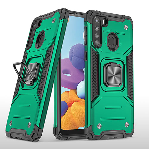 Silicone Matte Finish and Plastic Back Cover Case with Magnetic Finger Ring Stand MQ1 for Samsung Galaxy A21 Midnight Green