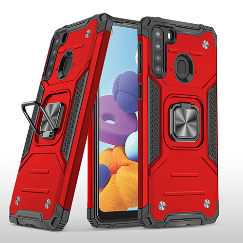 Silicone Matte Finish and Plastic Back Cover Case with Magnetic Finger Ring Stand MQ1 for Samsung Galaxy A21 Red