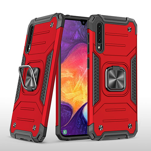 Silicone Matte Finish and Plastic Back Cover Case with Magnetic Finger Ring Stand MQ1 for Samsung Galaxy A30S Red