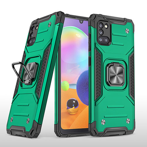 Silicone Matte Finish and Plastic Back Cover Case with Magnetic Finger Ring Stand MQ1 for Samsung Galaxy A31 Midnight Green