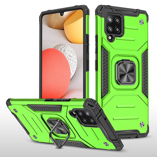 Silicone Matte Finish and Plastic Back Cover Case with Magnetic Finger Ring Stand MQ1 for Samsung Galaxy A42 5G Green