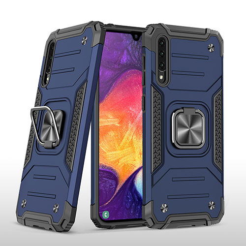 Silicone Matte Finish and Plastic Back Cover Case with Magnetic Finger Ring Stand MQ1 for Samsung Galaxy A50 Blue