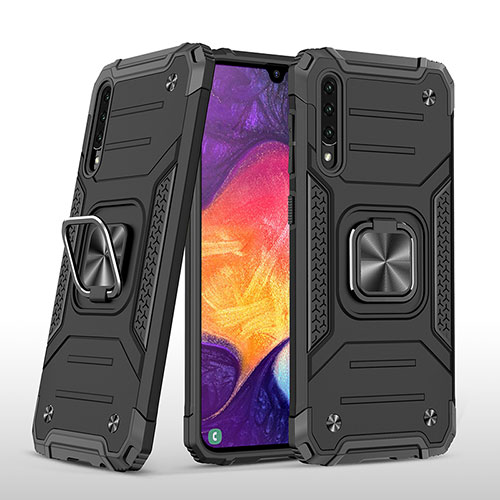 Silicone Matte Finish and Plastic Back Cover Case with Magnetic Finger Ring Stand MQ1 for Samsung Galaxy A50S Black