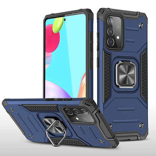 Silicone Matte Finish and Plastic Back Cover Case with Magnetic Finger Ring Stand MQ1 for Samsung Galaxy A52s 5G Blue