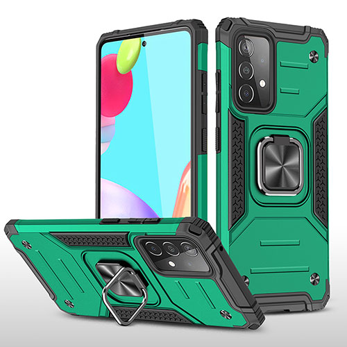 Silicone Matte Finish and Plastic Back Cover Case with Magnetic Finger Ring Stand MQ1 for Samsung Galaxy A52s 5G Midnight Green