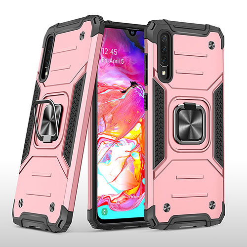 Silicone Matte Finish and Plastic Back Cover Case with Magnetic Finger Ring Stand MQ1 for Samsung Galaxy A70 Rose Gold