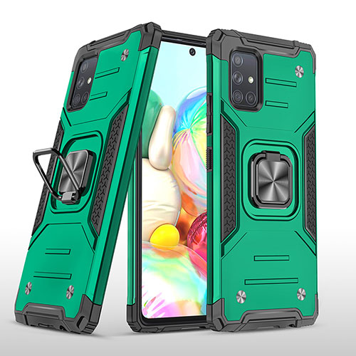 Silicone Matte Finish and Plastic Back Cover Case with Magnetic Finger Ring Stand MQ1 for Samsung Galaxy A71 4G A715 Midnight Green