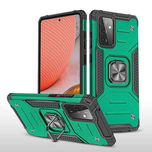 Silicone Matte Finish and Plastic Back Cover Case with Magnetic Finger Ring Stand MQ1 for Samsung Galaxy A72 4G Midnight Green