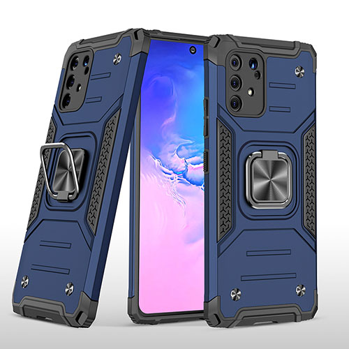 Silicone Matte Finish and Plastic Back Cover Case with Magnetic Finger Ring Stand MQ1 for Samsung Galaxy A91 Blue