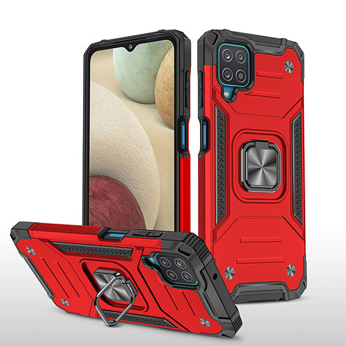 Silicone Matte Finish and Plastic Back Cover Case with Magnetic Finger Ring Stand MQ1 for Samsung Galaxy F12 Red