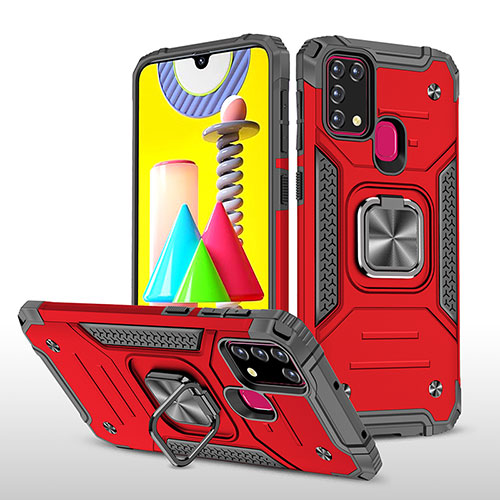 Silicone Matte Finish and Plastic Back Cover Case with Magnetic Finger Ring Stand MQ1 for Samsung Galaxy M31 Red