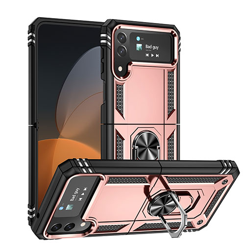 Silicone Matte Finish and Plastic Back Cover Case with Magnetic Finger Ring Stand MQ1 for Samsung Galaxy Z Flip4 5G Rose Gold