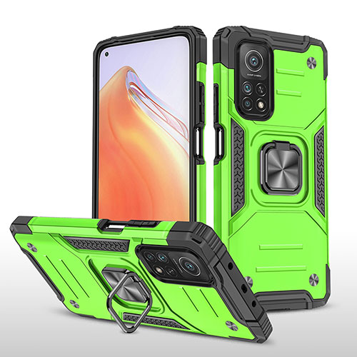 Silicone Matte Finish and Plastic Back Cover Case with Magnetic Finger Ring Stand MQ1 for Xiaomi Mi 10T Pro 5G Green