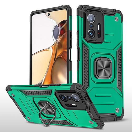 Silicone Matte Finish and Plastic Back Cover Case with Magnetic Finger Ring Stand MQ1 for Xiaomi Mi 11T 5G Midnight Green